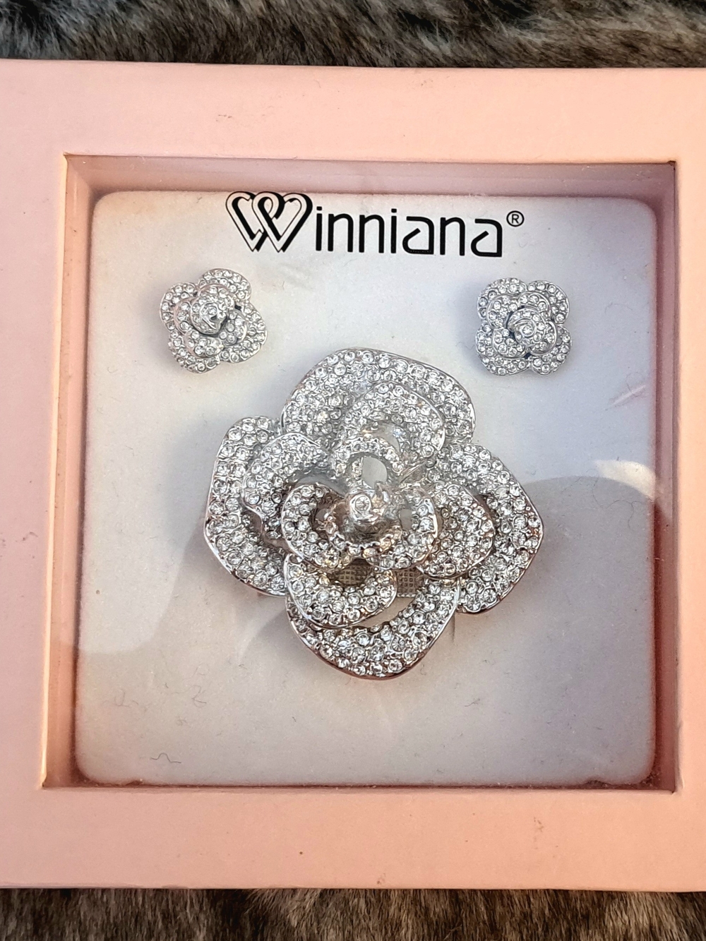 Silver Crystal Flower Brooch and Earrings Set - Silver
